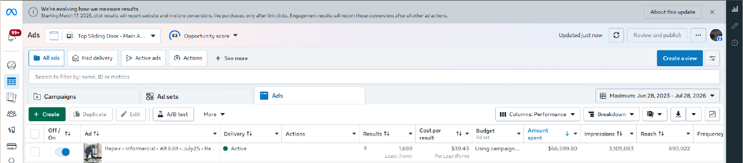 Original Meta Ads Manager proof from another sliding-door account